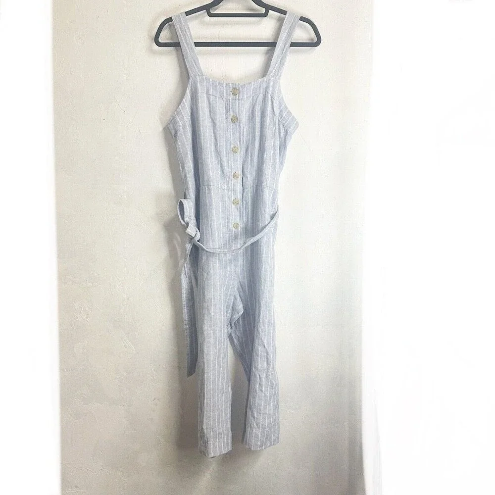 Everlane The Picnic Linen Jumpsuit Blue Pinstripe Womens 6 Beachy Square Neck